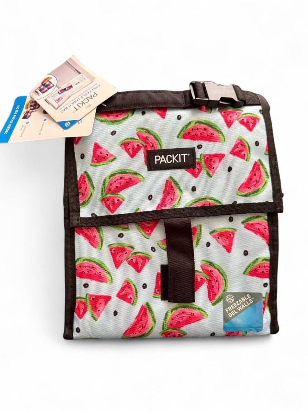 Packit reusable gel wall lunch bag, light blue with watermelon slices pattern.